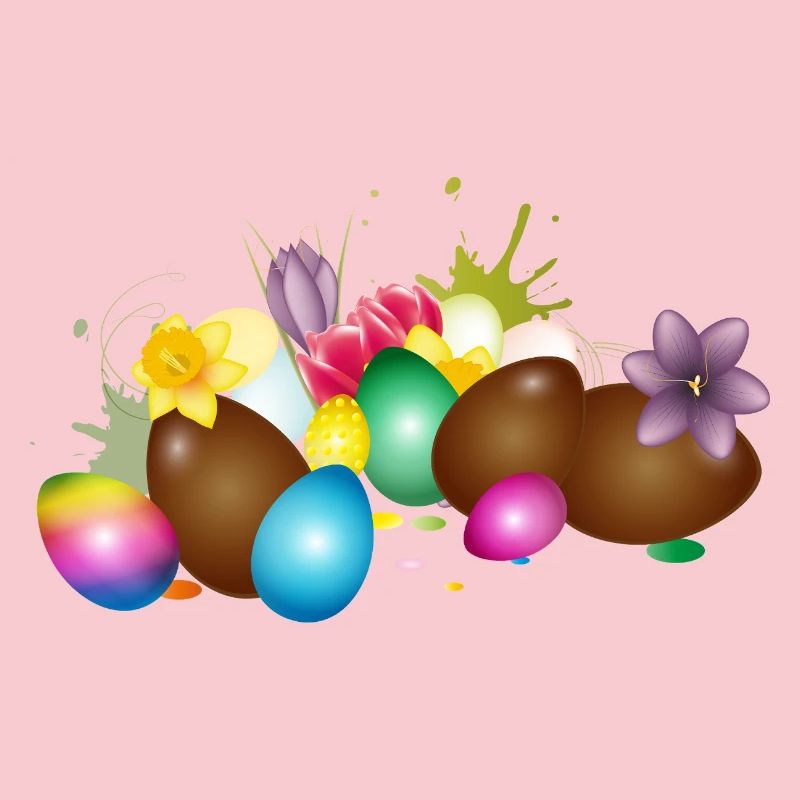 Chocolate Easter eggs with colorful eggs and flowers