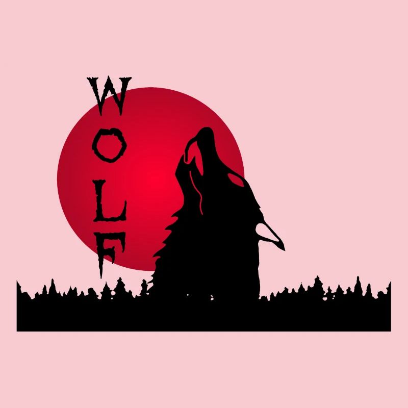 Black wolf, forest and sunset