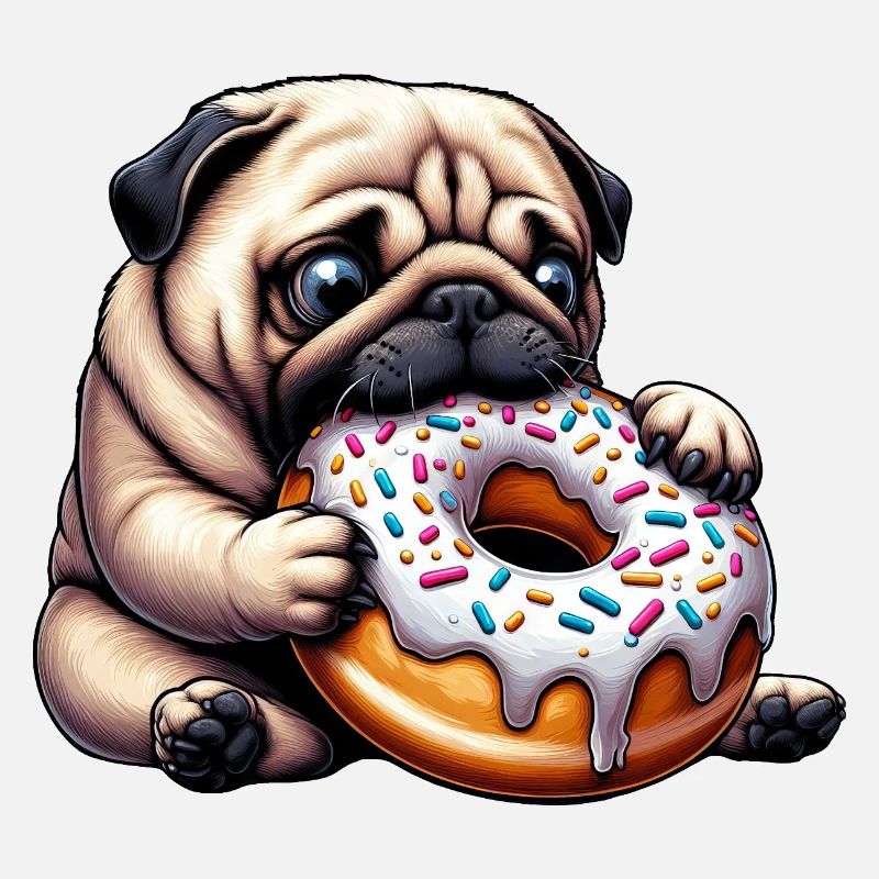 Carlin mignon avec beignet dessin animé Snacking drôle