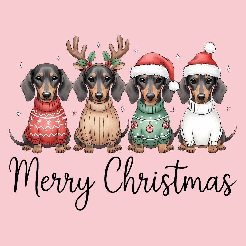 Vier Dackel, Dachshunde in Weihnachtspullover