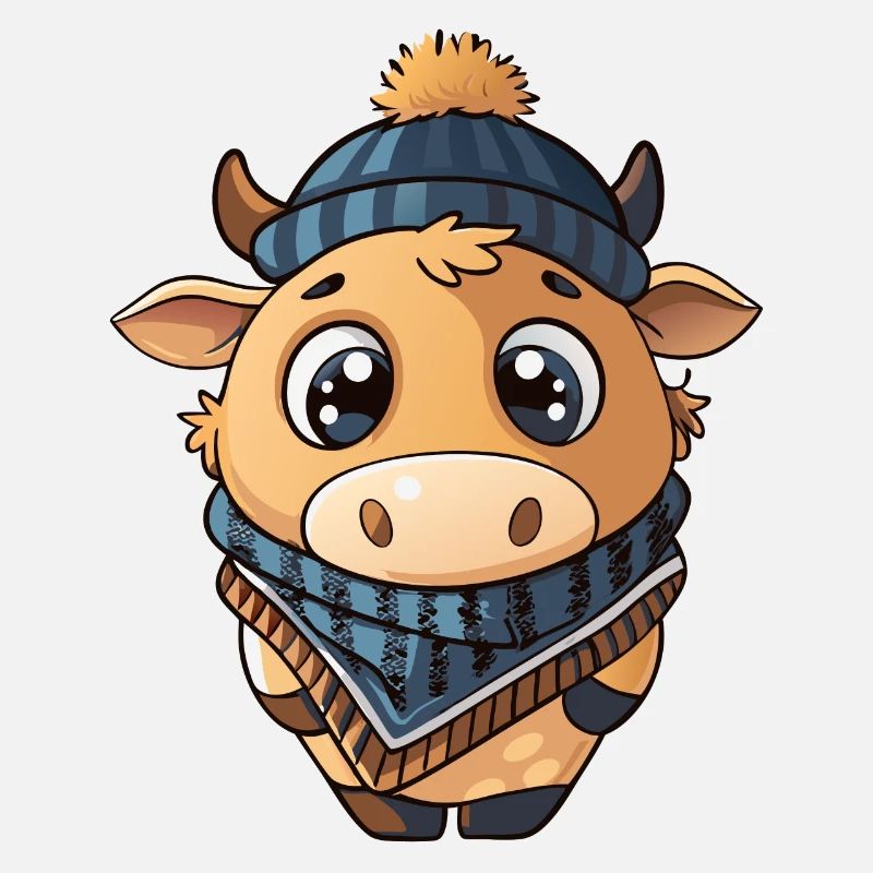 Vache mignonne avec écharpe et chapeau à pompon.