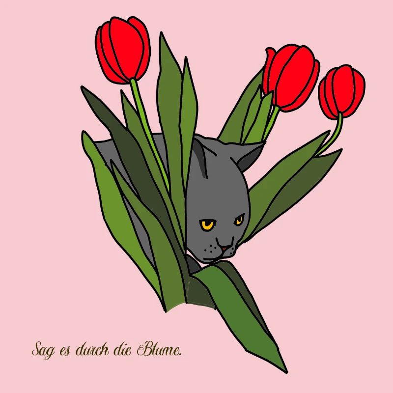 Cat between tulips