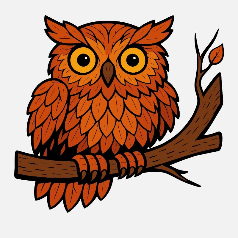 Comic Eule Herbst Wald Laub Blätter Ast Baum Feder
