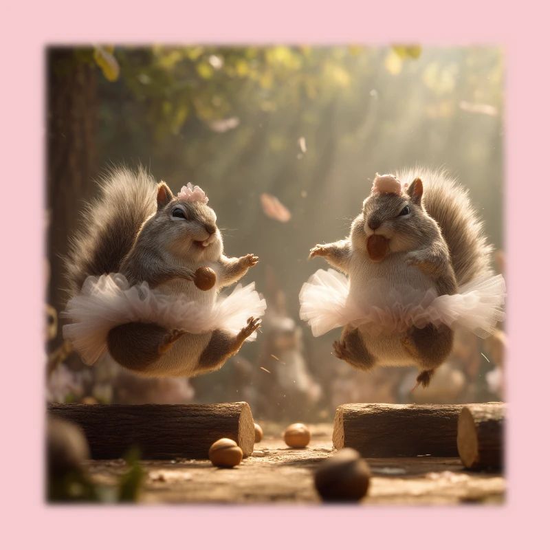 Dancing squirrels in tutu with acorns