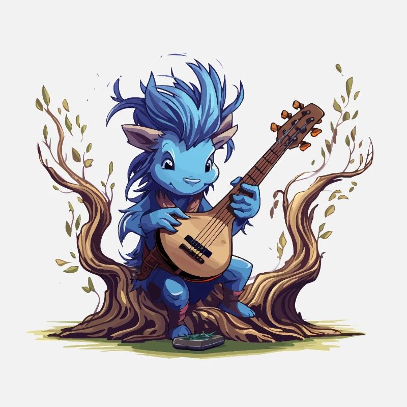 Blauer Kobold mit Laute im Wald