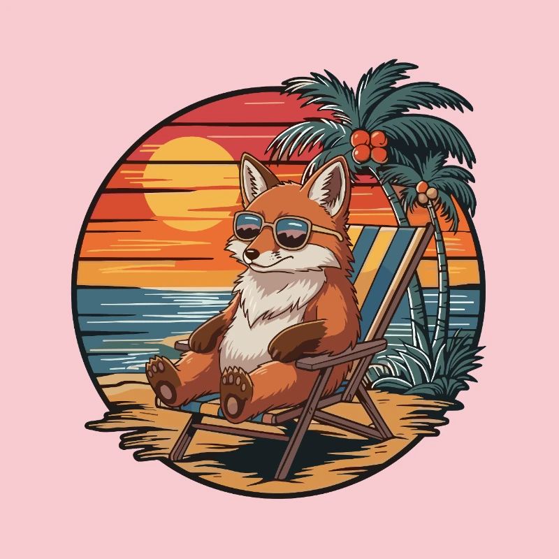 Funny Fox on Beach Summer Vacation Sunset