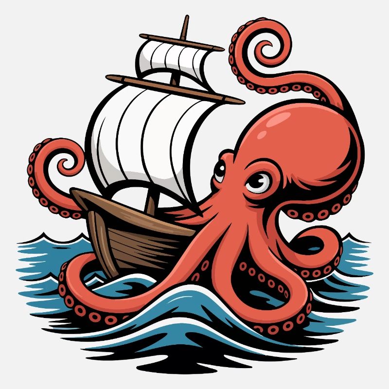 Octopus Entwines Sailing Ship Squid Ship