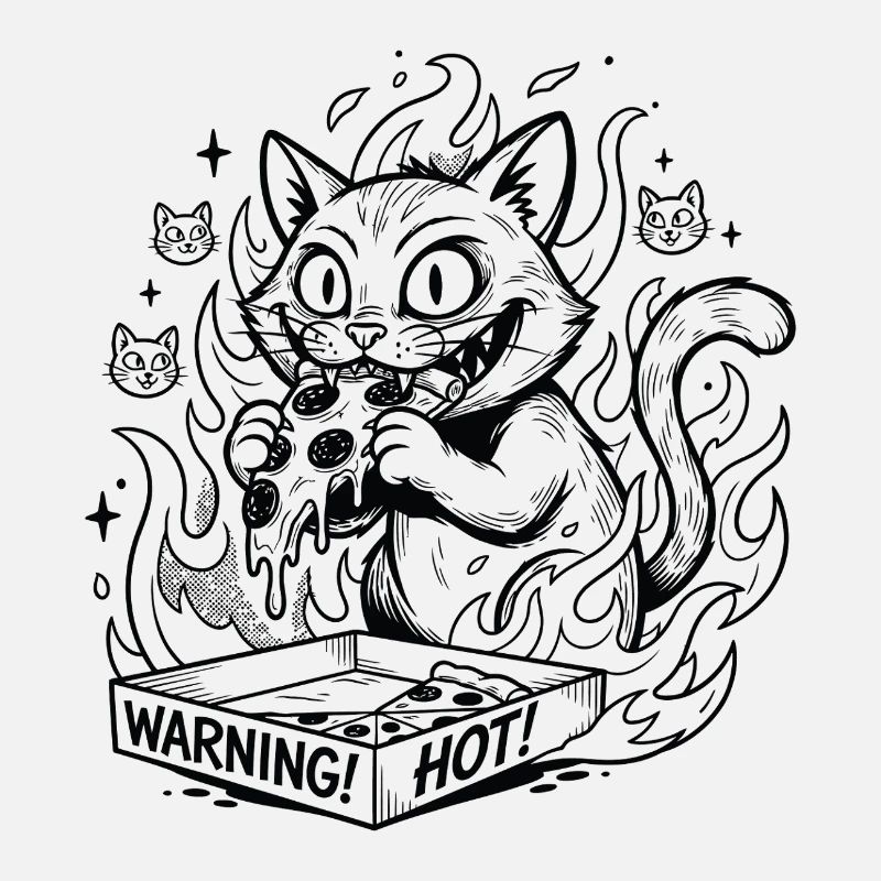 Flammende Katze in einer Warnschachtel Pizza