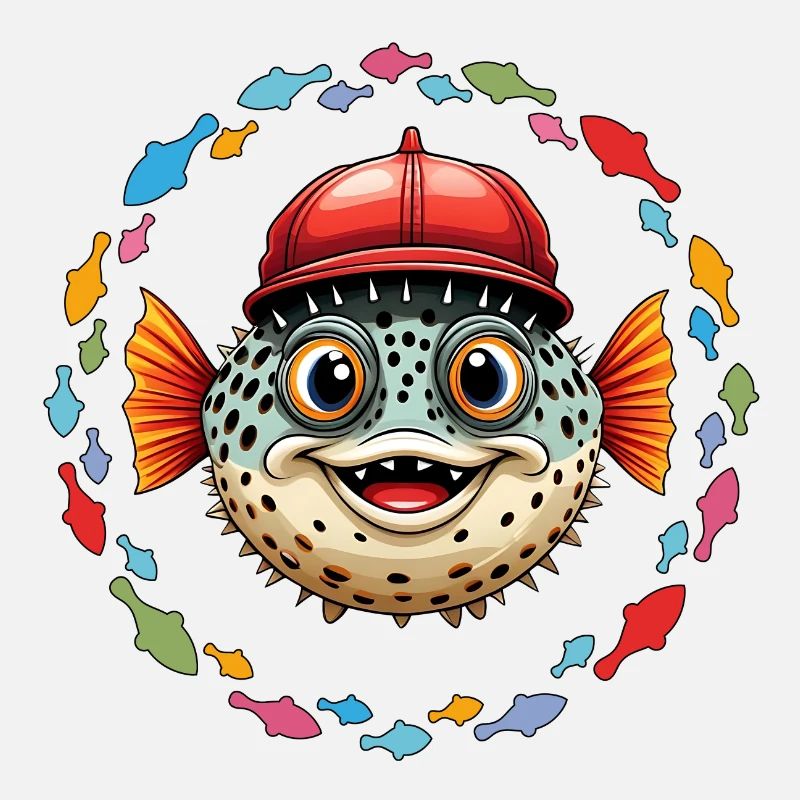 Poisson-globe avec casquette de baseball rouge et poisson coloré