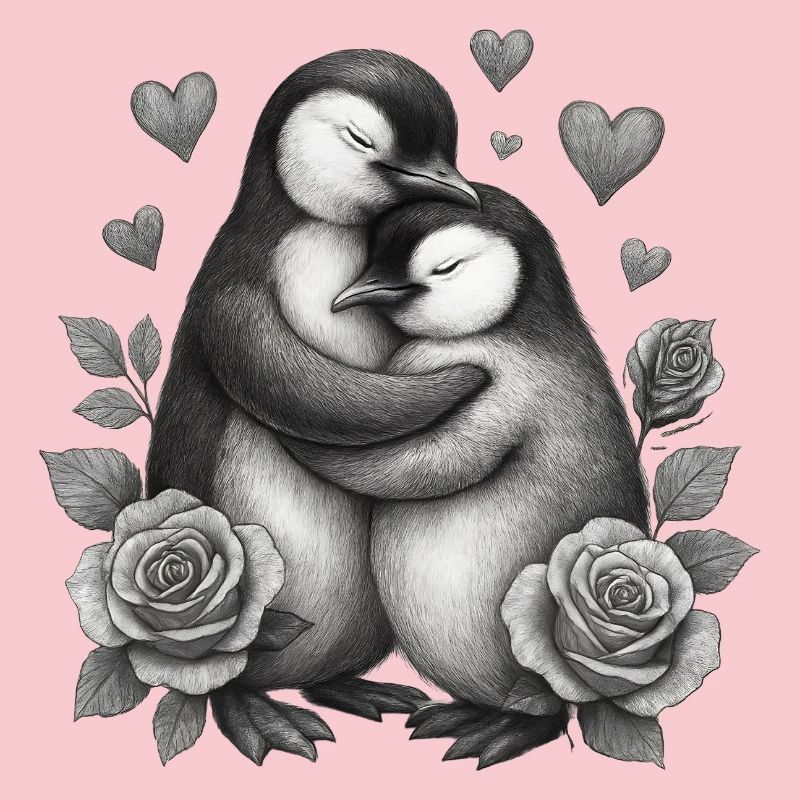 Hugging penguins with roses