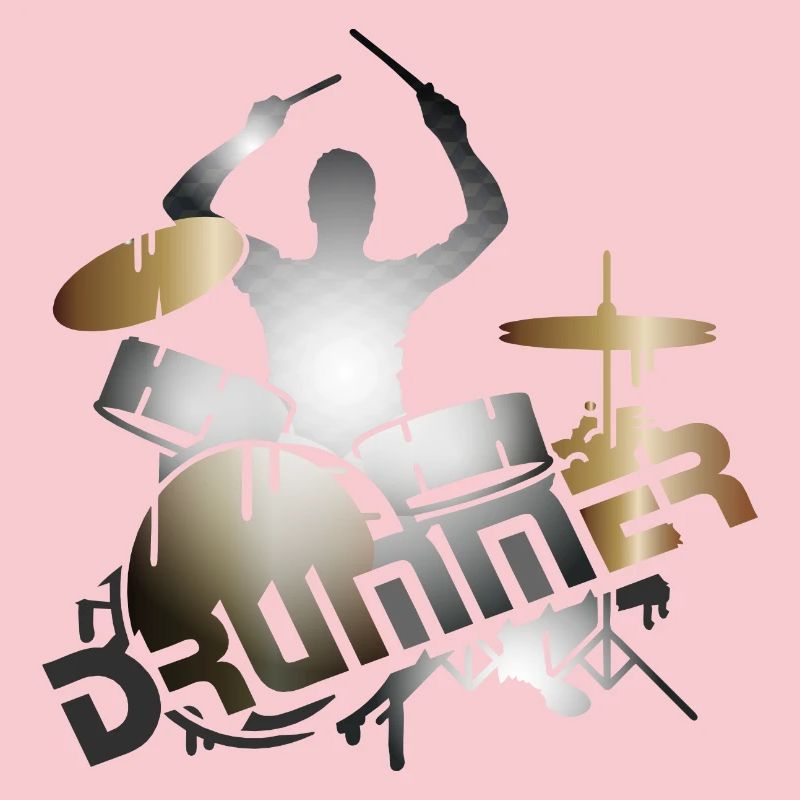 Drummer sits on drums with typography