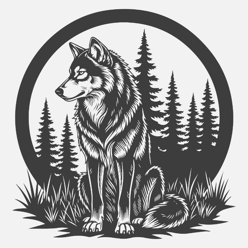 Forest wolf silhouette in a circle