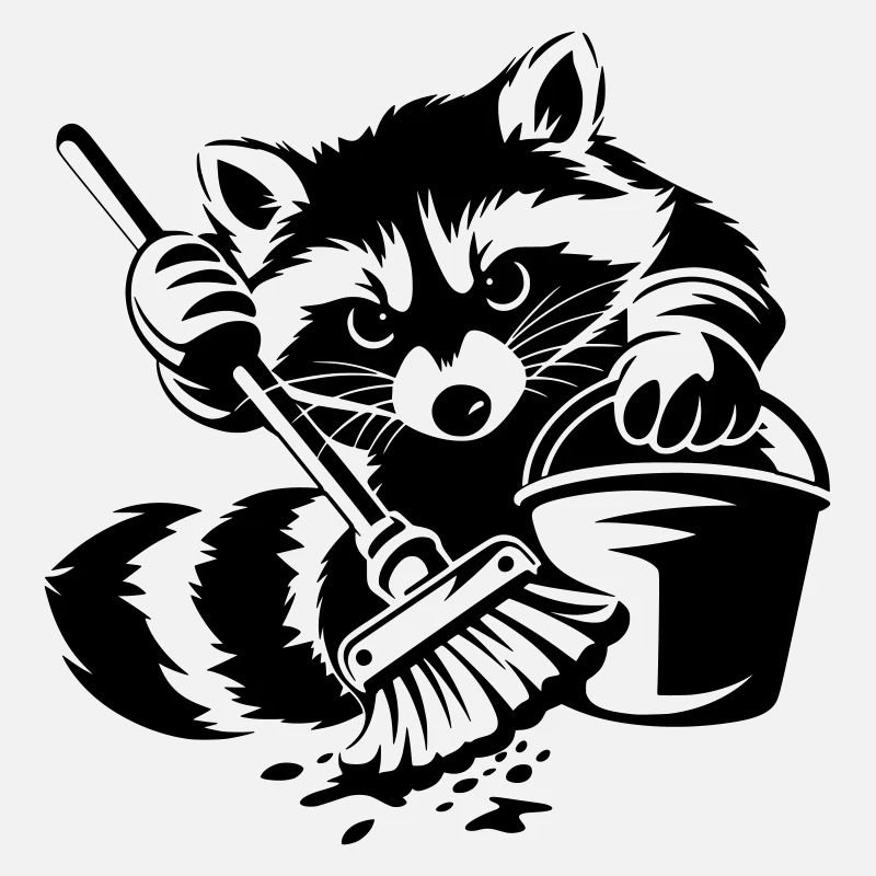 Waschbär mit Eimer & Mopp