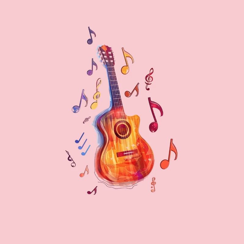 Stylized Acoustic Guitar Surrounded by Musical Notes