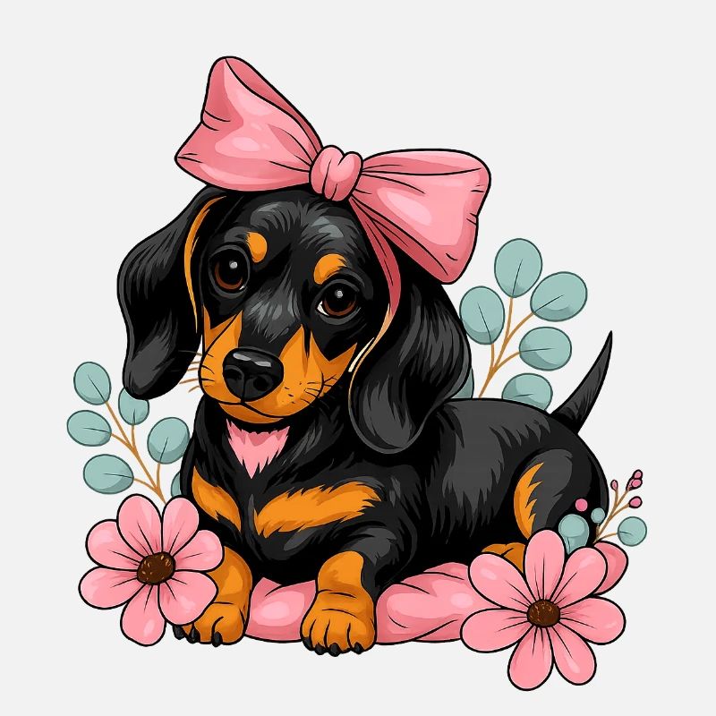 Teckel avec ruban rose et fleurs