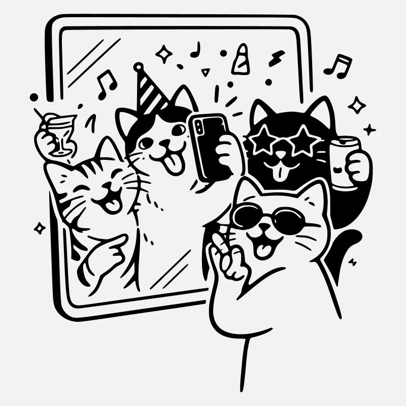 Selfie de fête avec des chats devant le miroir