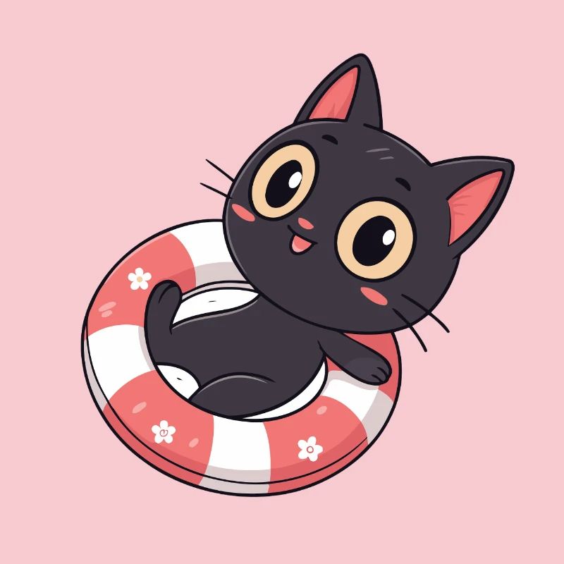 Chat noir sur bouée fleurs