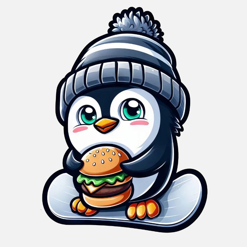 Pinguin Snowboard Cheeseburger Spaß
