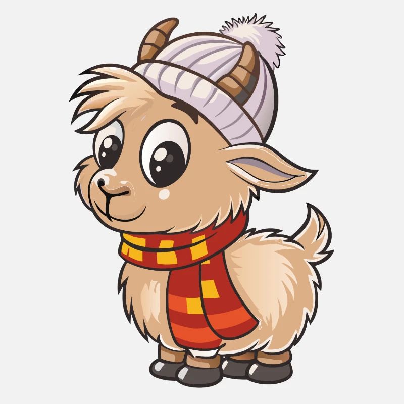 Chèvre mignonne avec écharpe et chapeau à pompon.