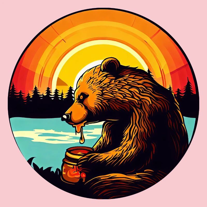 Bear eats honey at sunset