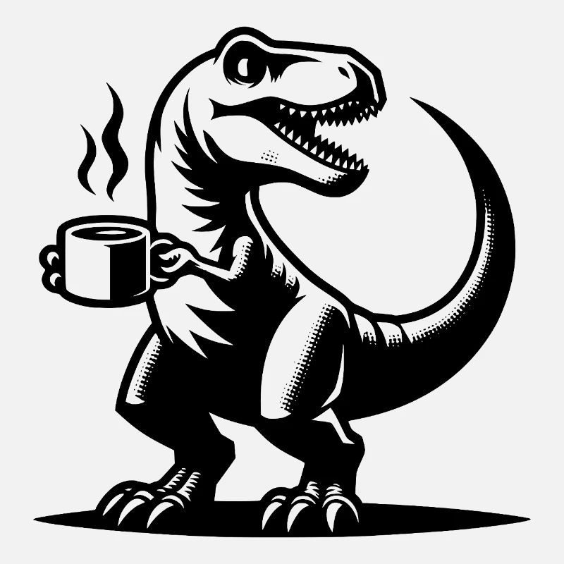 Grimmiger Morgenmuffel Dino mit Kaffeetasse