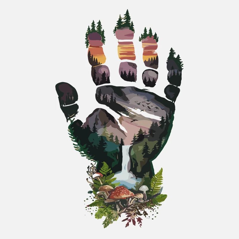 Evening forest handprint with waterfall and