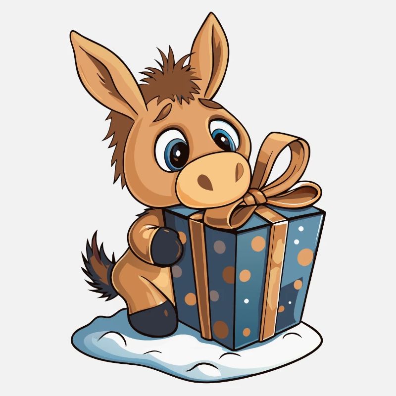 Cute donkey unwrapping gift