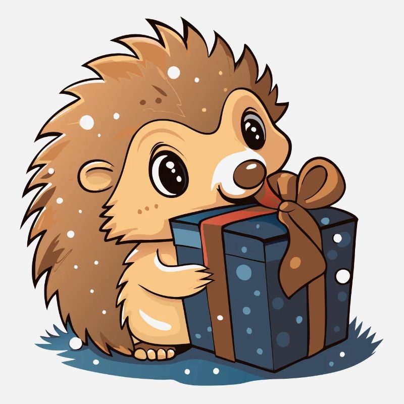 Cute hedgehog unwraps gift