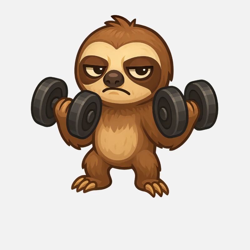 Grumpy sloth with dumbbell fitness biceps