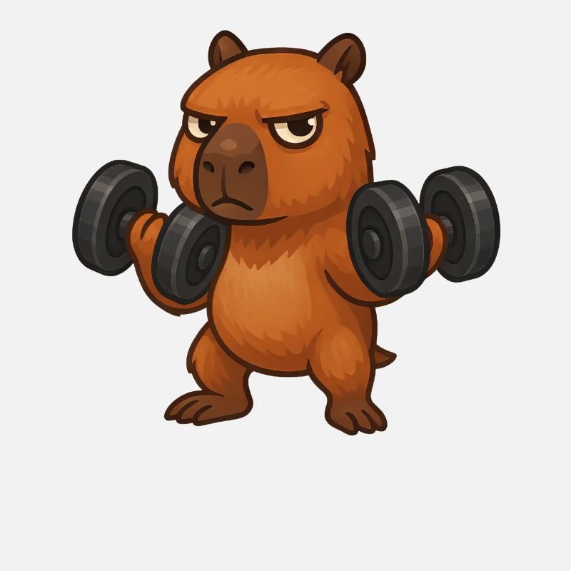 Grumpy capybara with dumbbell fitness biceps