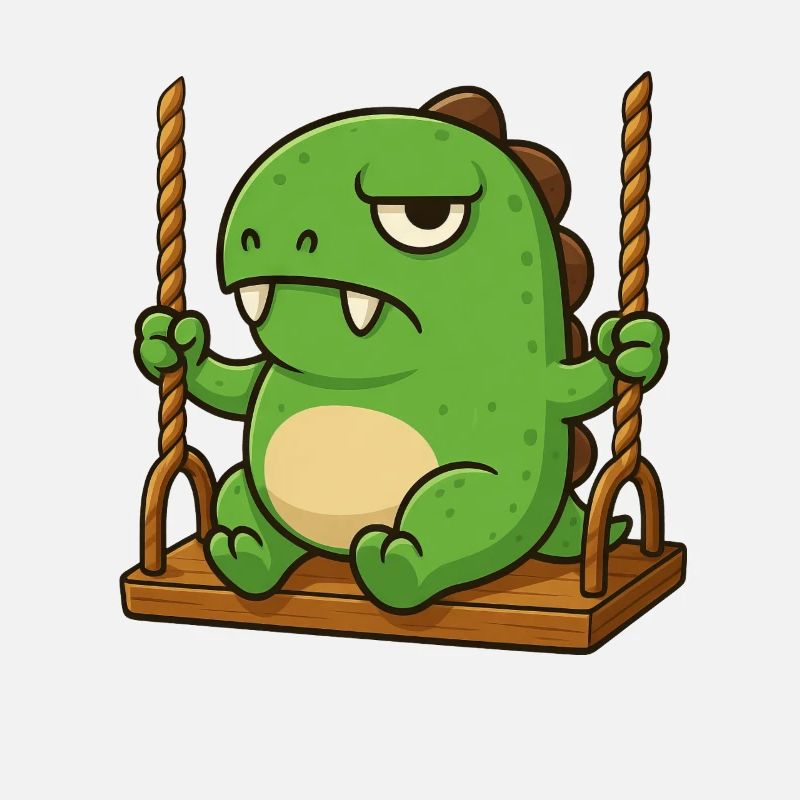 Grumpy T-Rex on swing annoyed and insulted