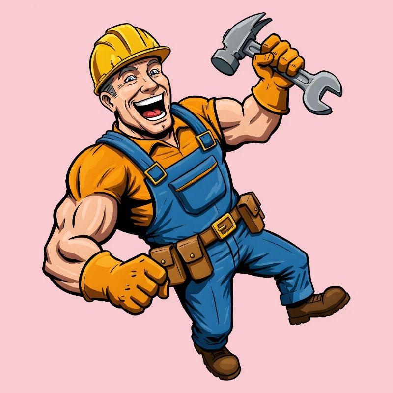Cheerful cartoon construction worker with tools
