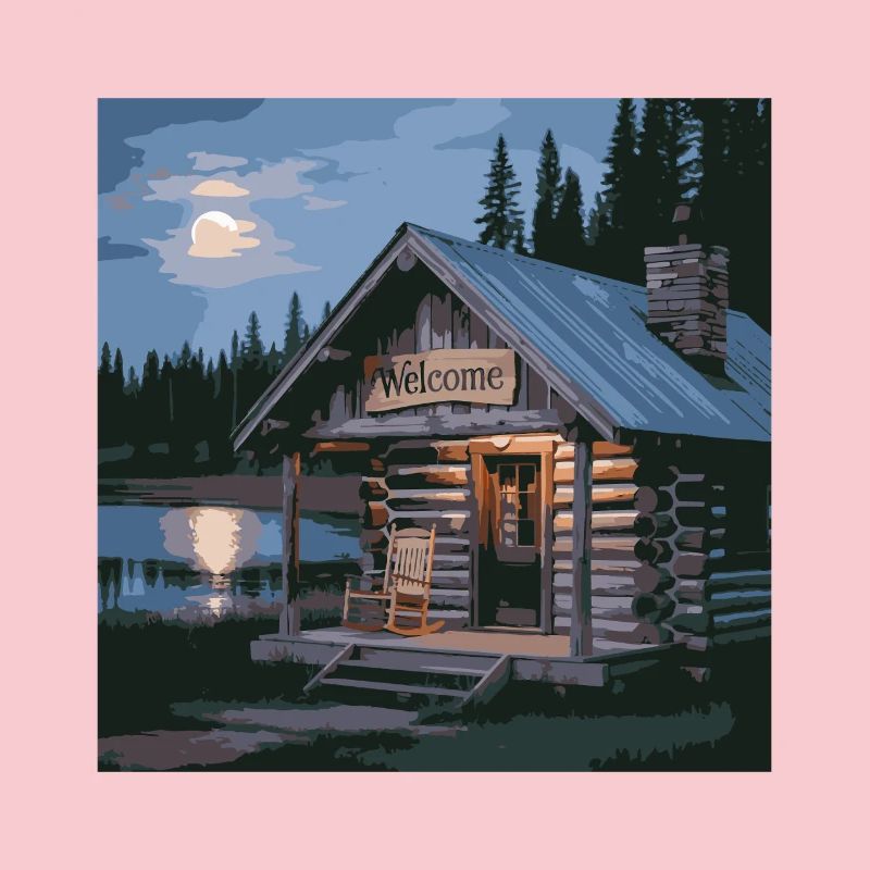 Scène nocturne de cabane de lac rustique