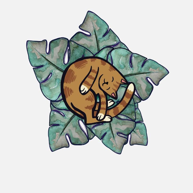 Katzenschlaf auf Monstera-Blättern