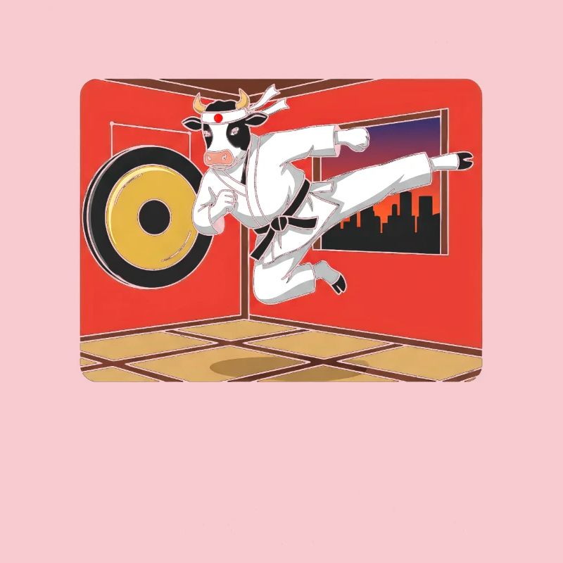 Vache en coup de karaté devant le dojo rouge