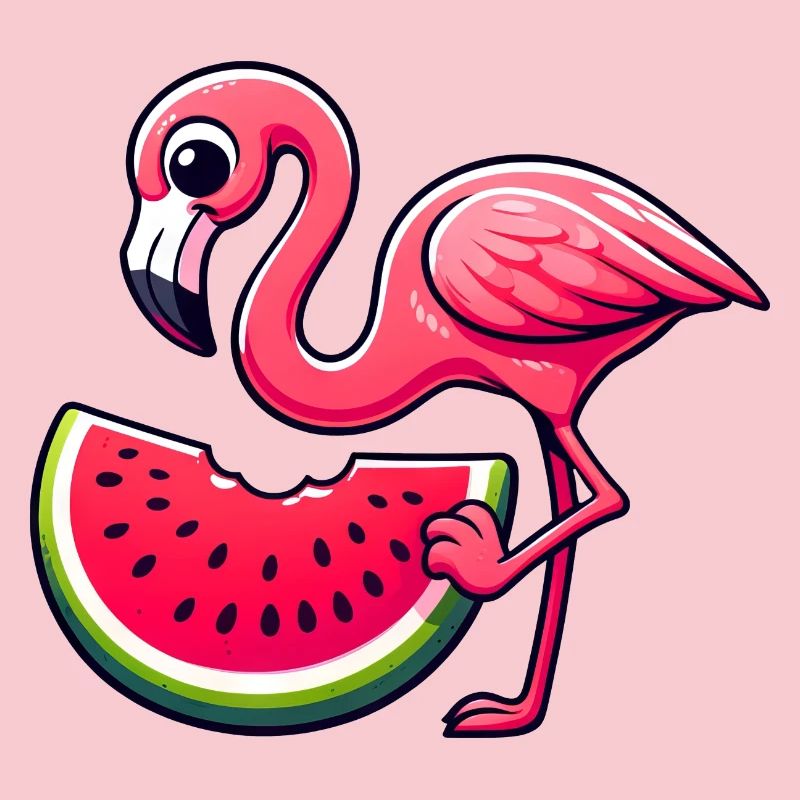 Flamant rose mignon avec un style de dessin animé de pastèque