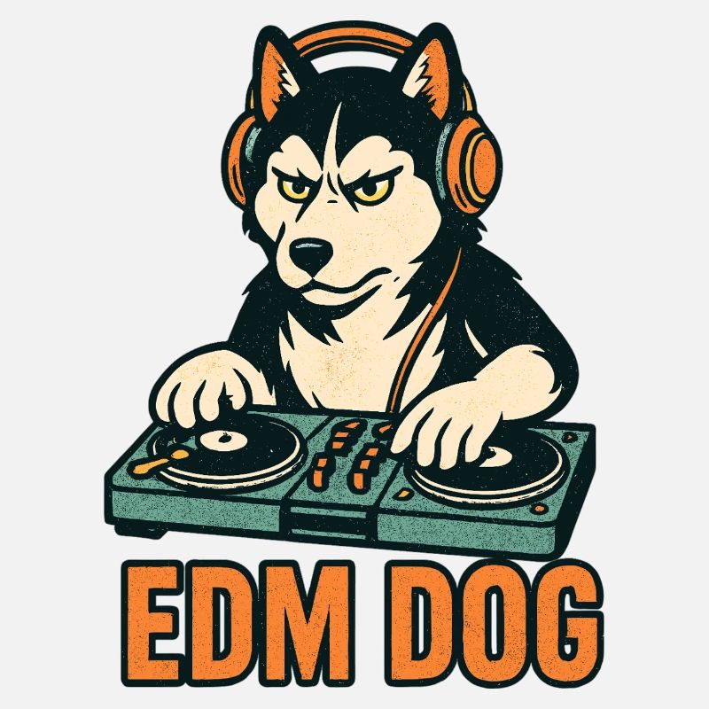 EDM Dog : DJ husky à la console de mixage dans un style rétro