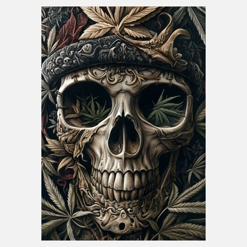 Skull with hemp leaf wreath
