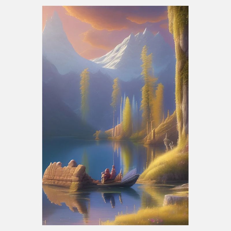Landschaft mit See, Boot und Berge