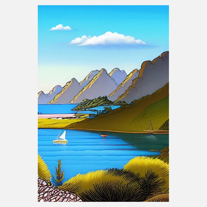 Landschaft mit See, Boot und Berge