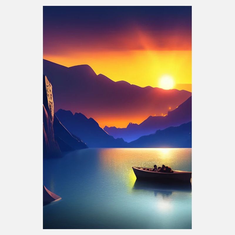 Landschaft mit See, Boot und Berge