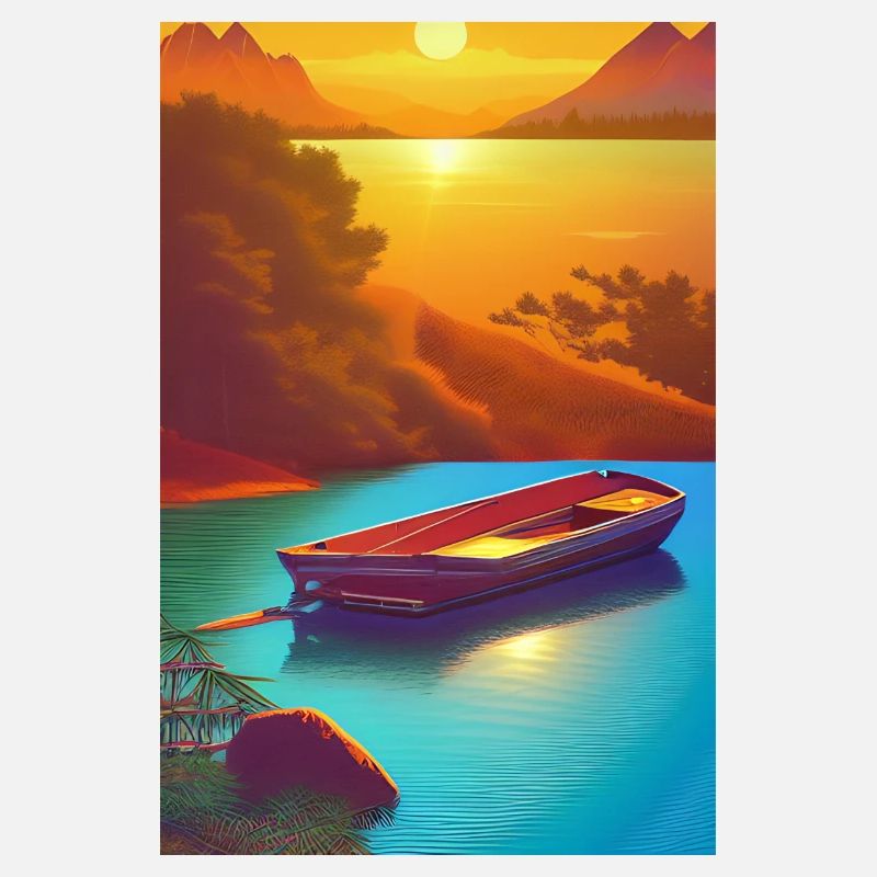 Landschaft mit See, Boot und Berge