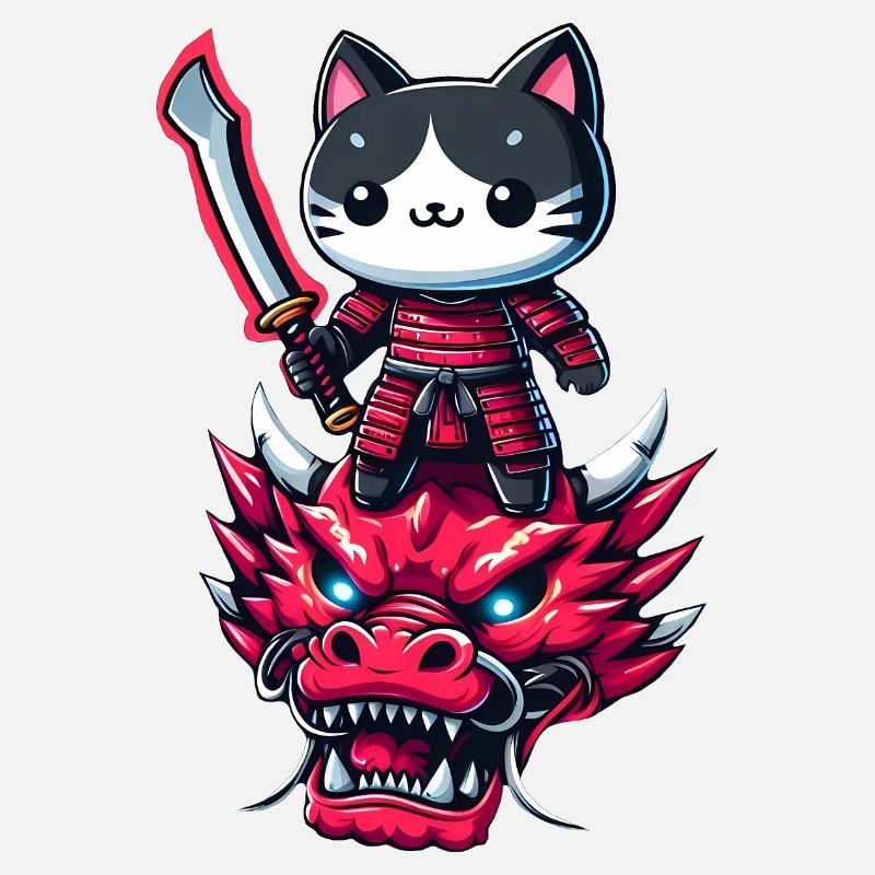 Samurai-Katze mit Schwert auf Drache in epischem 3D-Effekt