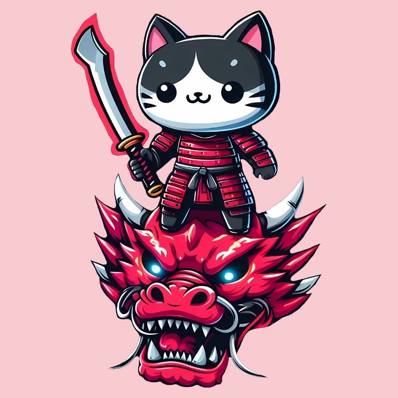 Chat samouraï avec épée sur dragon dans un effet 3D épique