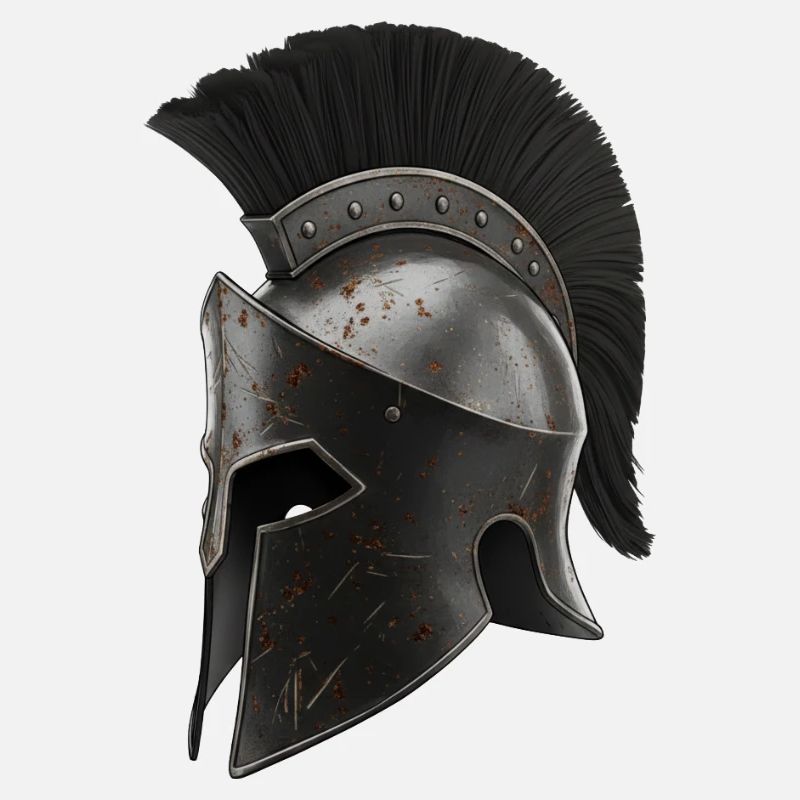 Rostiger Kriegerhelm mit schwarzer Feder