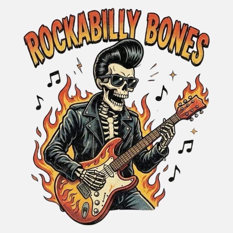 Rockabilly Bones – Retro Comic Skelett mit brennen