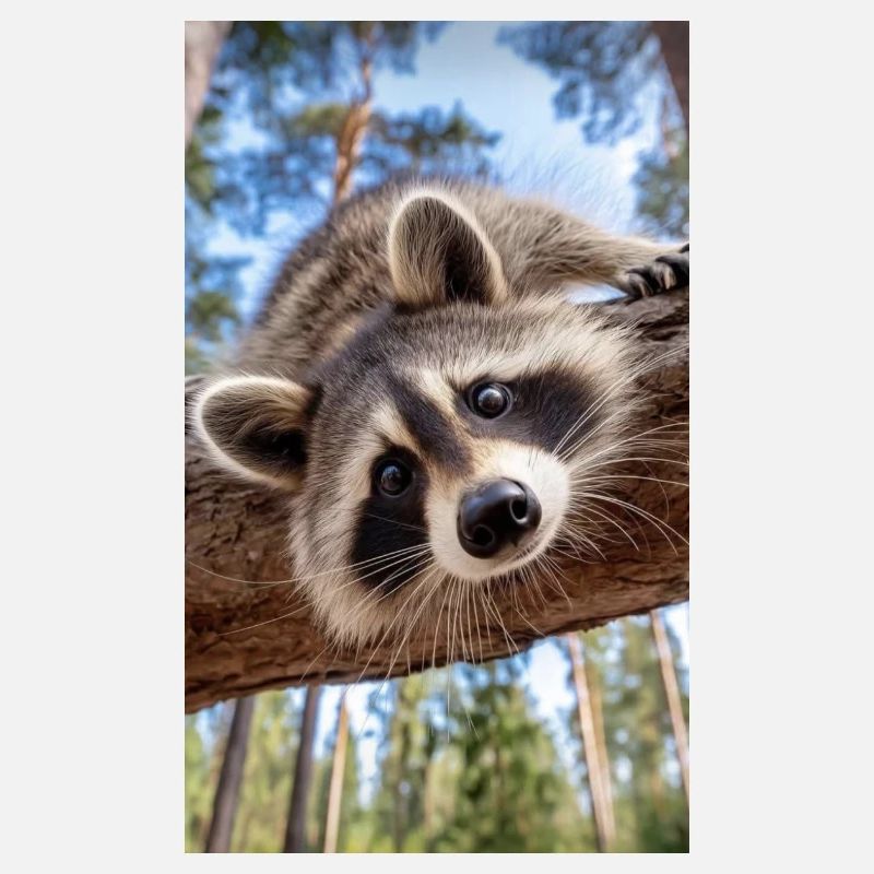 Neugieriger Waschbär am Baumast