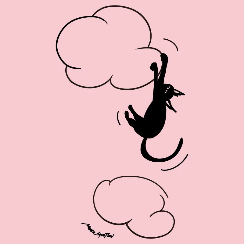 Schwarze Katze hängt an einer Wolke.