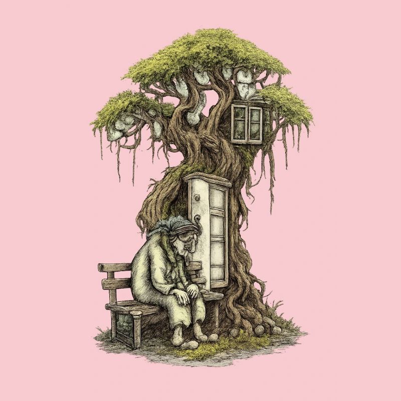 Treehouse poem: Old man squats in front of tree