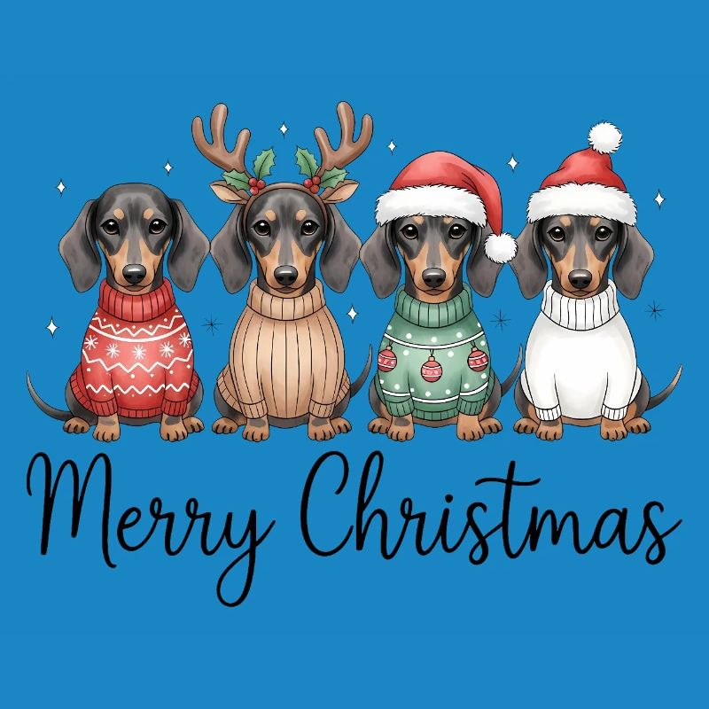 Vier Dackel, Dachshunde in Weihnachtspullover